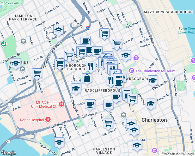 map of restaurants, bars, coffee shops, grocery stores, and more near 34 Radcliffe Street in Charleston