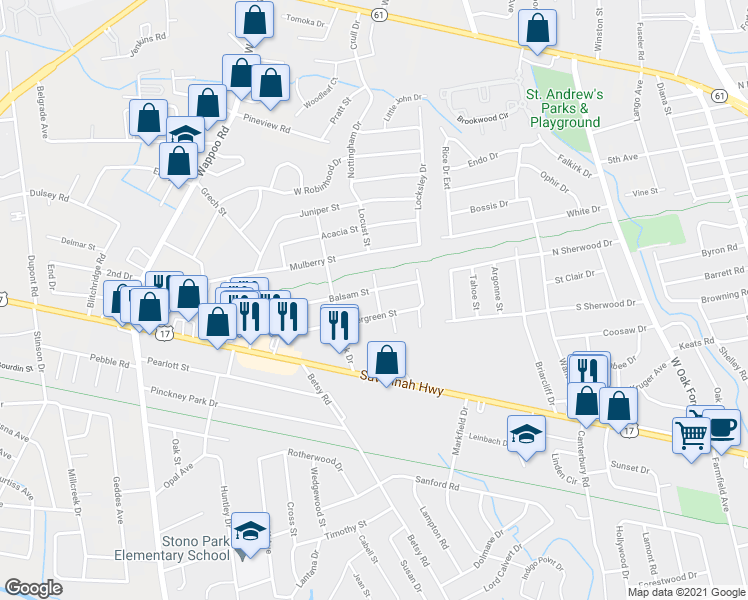 map of restaurants, bars, coffee shops, grocery stores, and more near 1527 Evergreen Street in Charleston