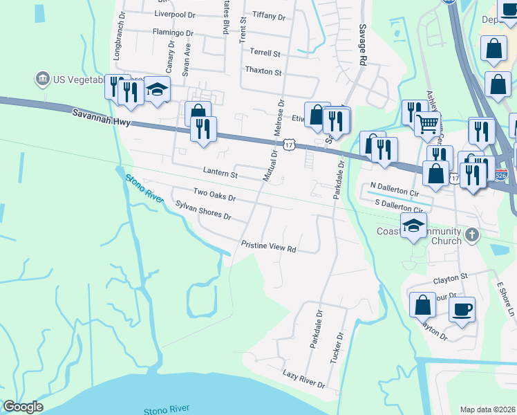map of restaurants, bars, coffee shops, grocery stores, and more near 423 Tramway Drive in Charleston
