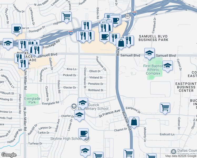 map of restaurants, bars, coffee shops, grocery stores, and more near 7135 Penshire Drive in Dallas