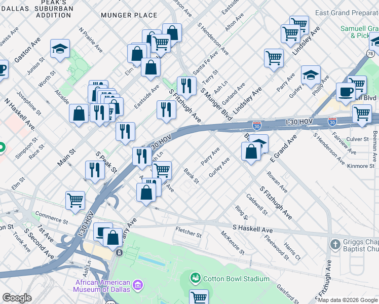 map of restaurants, bars, coffee shops, grocery stores, and more near 4616 Lindsley Avenue in Dallas