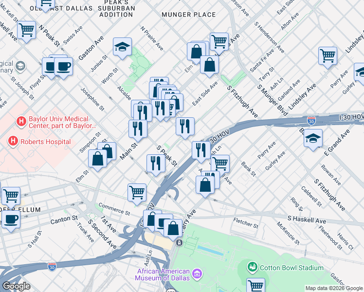 map of restaurants, bars, coffee shops, grocery stores, and more near 4315 Terry Street in Dallas