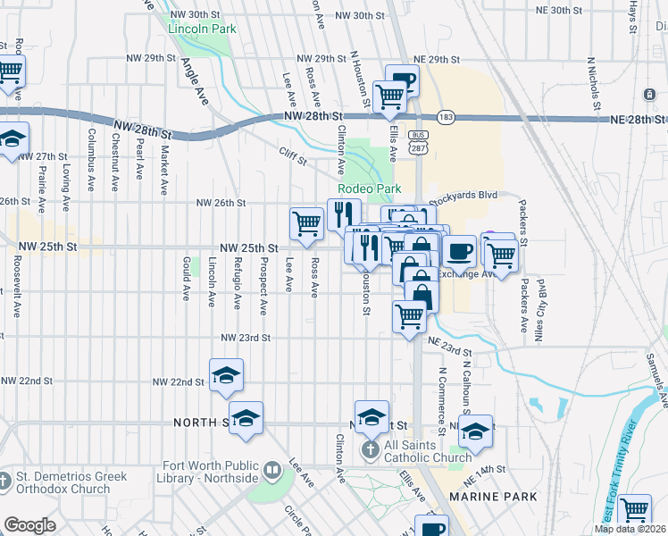 map of restaurants, bars, coffee shops, grocery stores, and more near 2403 Clinton Avenue in Fort Worth