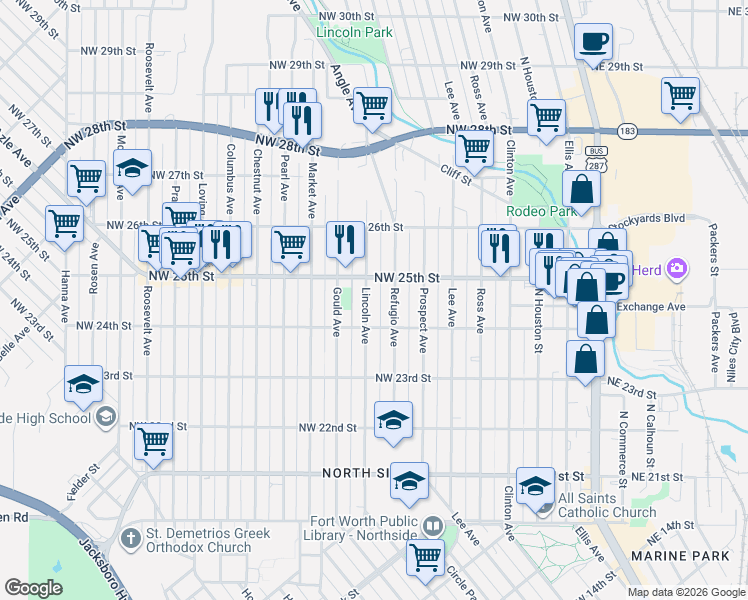 map of restaurants, bars, coffee shops, grocery stores, and more near 2404 Lincoln Avenue in Fort Worth