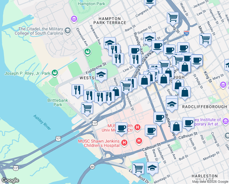 map of restaurants, bars, coffee shops, grocery stores, and more near 13 Ashton Street in Charleston