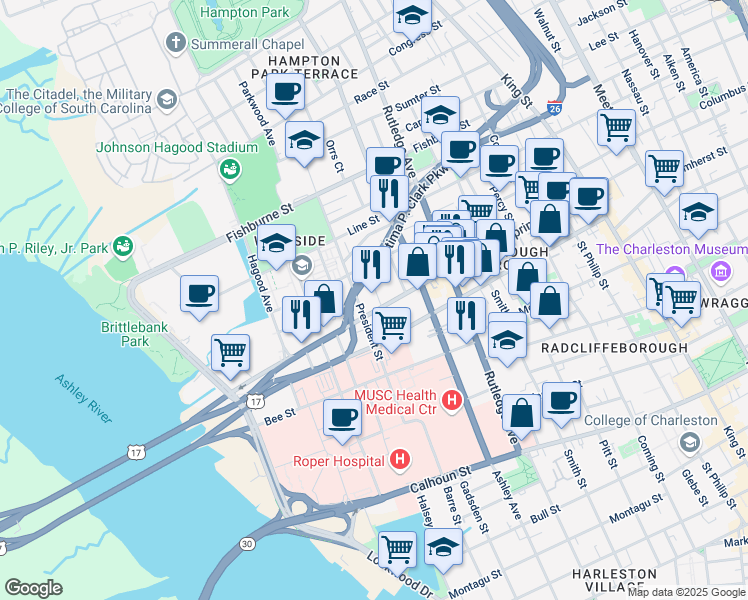 map of restaurants, bars, coffee shops, grocery stores, and more near 162 Spring Street in Charleston