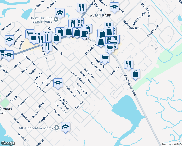 map of restaurants, bars, coffee shops, grocery stores, and more near 1474 Goblet Avenue in Mount Pleasant