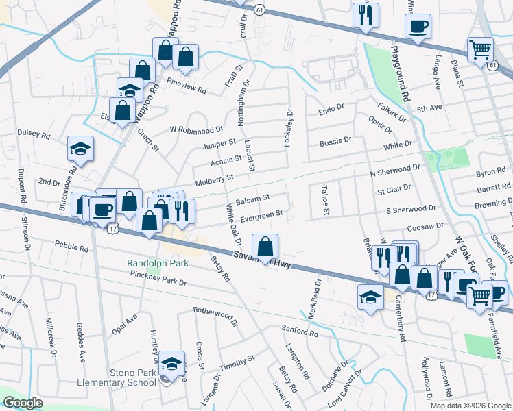 map of restaurants, bars, coffee shops, grocery stores, and more near 1527 Evergreen Street in Charleston