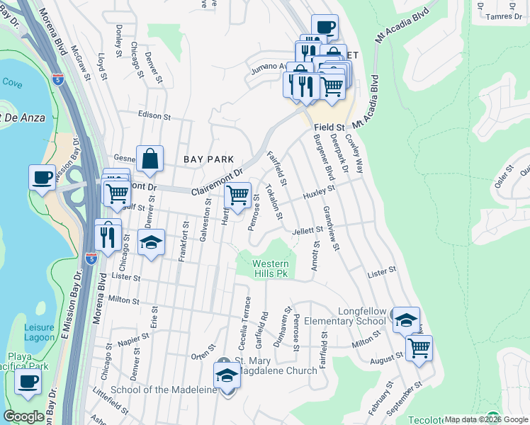 map of restaurants, bars, coffee shops, grocery stores, and more near 4822 Penrose Court in San Diego