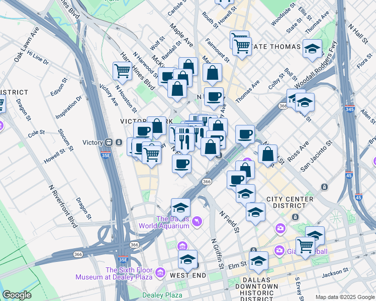 map of restaurants, bars, coffee shops, grocery stores, and more near 2323 North Akard Street in Dallas