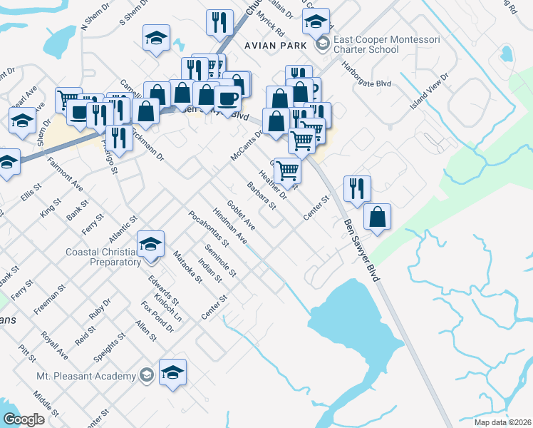 map of restaurants, bars, coffee shops, grocery stores, and more near 1474 Goblet Avenue in Mount Pleasant