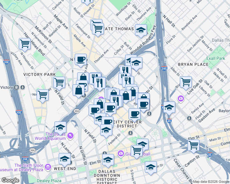 map of restaurants, bars, coffee shops, grocery stores, and more near in Dallas