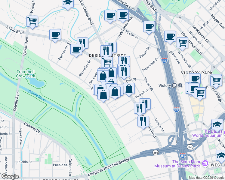 map of restaurants, bars, coffee shops, grocery stores, and more near Whitetail Lane in Garland