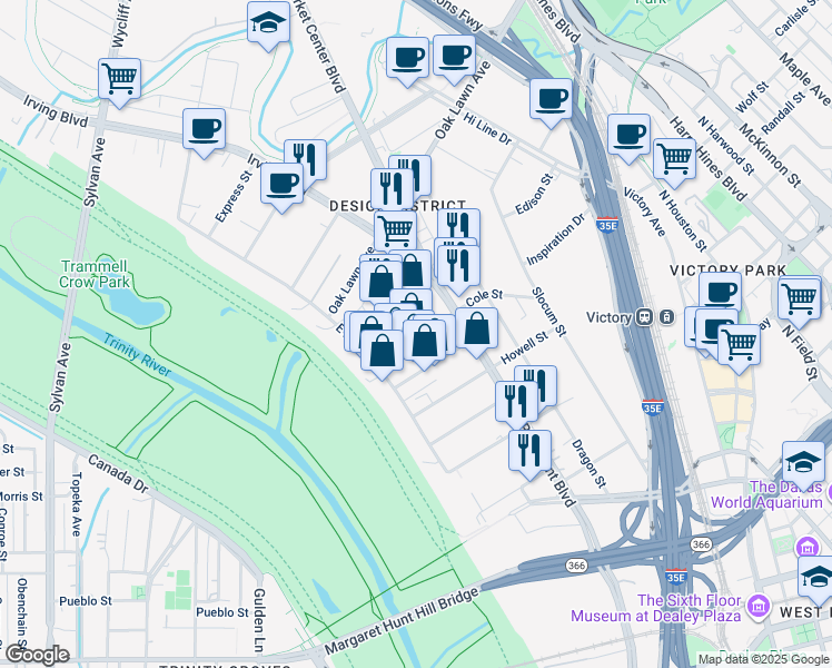map of restaurants, bars, coffee shops, grocery stores, and more near in Dallas