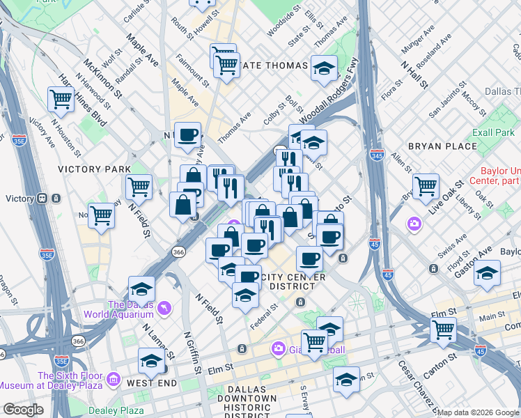 map of restaurants, bars, coffee shops, grocery stores, and more near 1801 North Pearl Street in Dallas
