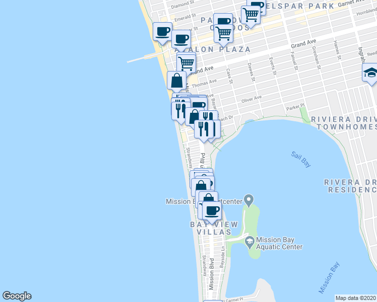 map of restaurants, bars, coffee shops, grocery stores, and more near York Court in San Diego