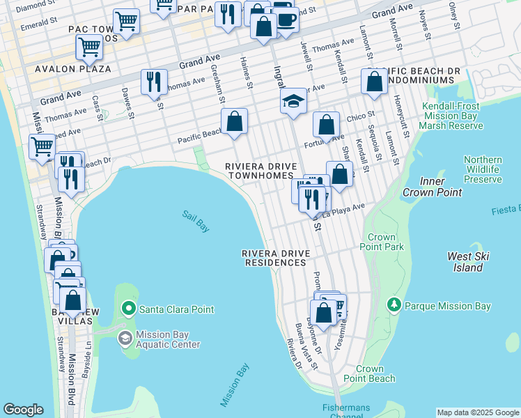 map of restaurants, bars, coffee shops, grocery stores, and more near 3860 Riviera Drive in San Diego