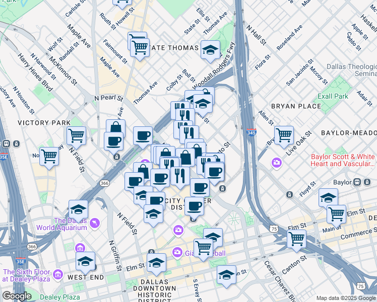 map of restaurants, bars, coffee shops, grocery stores, and more near in Dallas