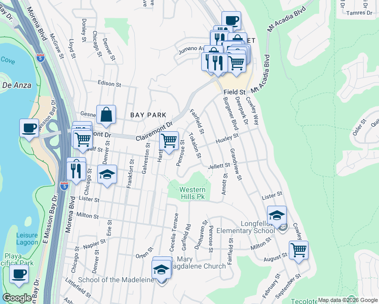 map of restaurants, bars, coffee shops, grocery stores, and more near 4822 Penrose Court in San Diego