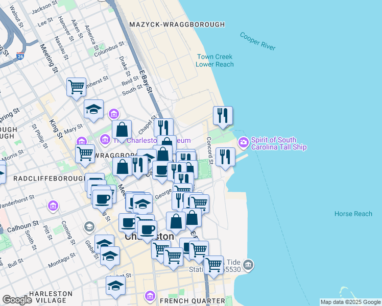 map of restaurants, bars, coffee shops, grocery stores, and more near 1 Calhoun Street in Charleston