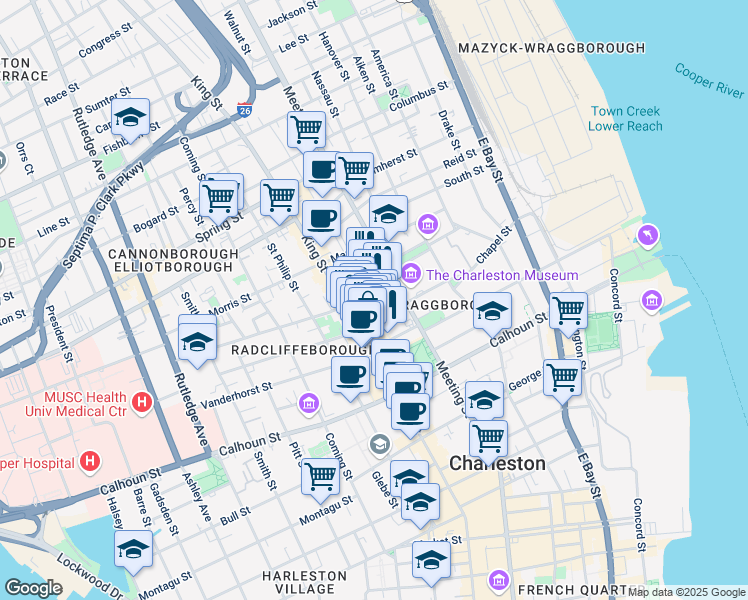 map of restaurants, bars, coffee shops, grocery stores, and more near 36 John Street in Charleston