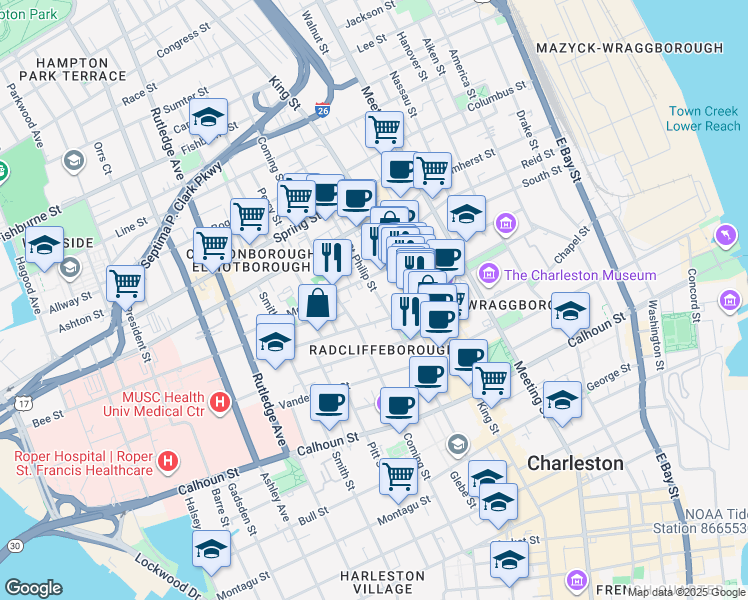 map of restaurants, bars, coffee shops, grocery stores, and more near 141 Saint Philip Street in Charleston