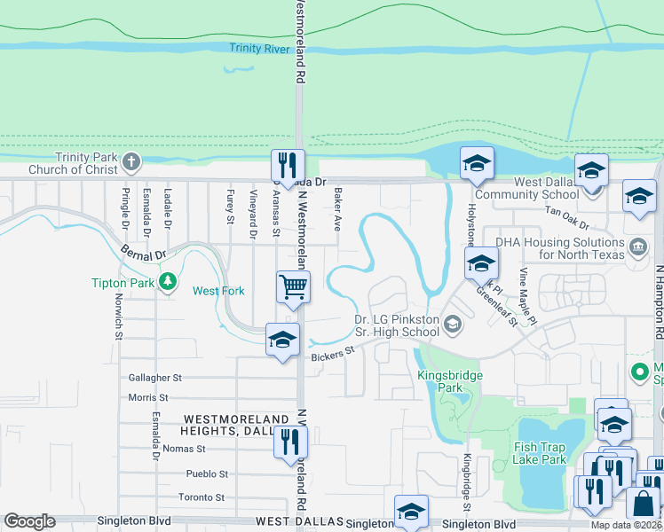 map of restaurants, bars, coffee shops, grocery stores, and more near 3819 Delhi Street in Dallas