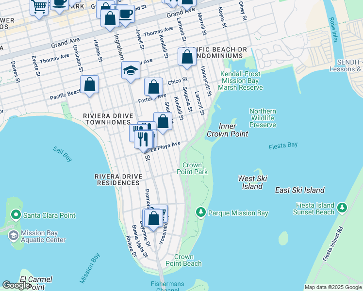 map of restaurants, bars, coffee shops, grocery stores, and more near 3770 Crown Point Drive in San Diego