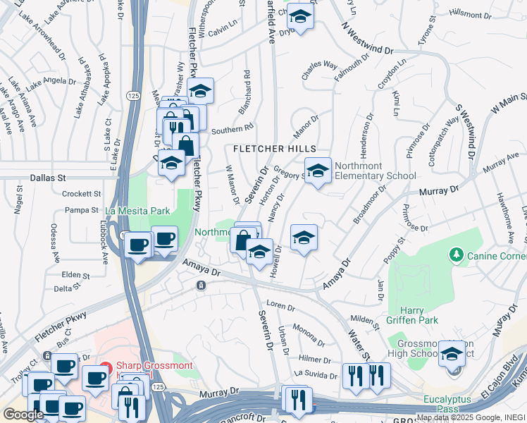 map of restaurants, bars, coffee shops, grocery stores, and more near 6050 Horton Drive in La Mesa