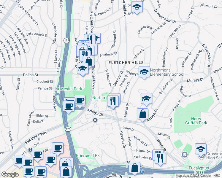 map of restaurants, bars, coffee shops, grocery stores, and more near 6030 Severin Drive in La Mesa