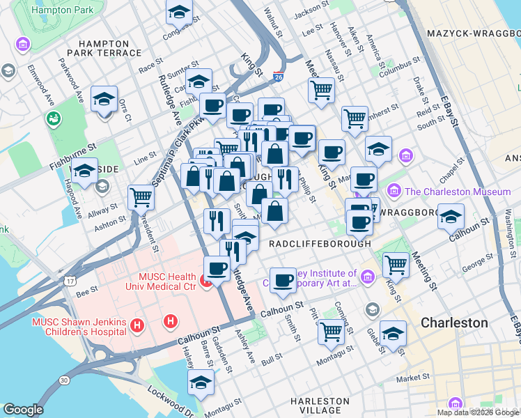 map of restaurants, bars, coffee shops, grocery stores, and more near 71 Morris Street in Charleston
