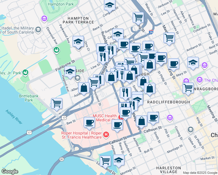 map of restaurants, bars, coffee shops, grocery stores, and more near in Charleston