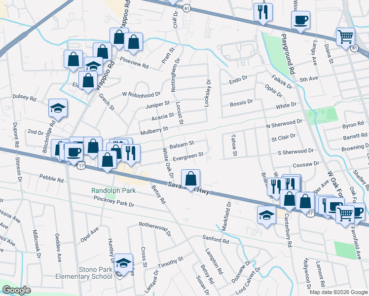 map of restaurants, bars, coffee shops, grocery stores, and more near 1527 Evergreen Street in Charleston