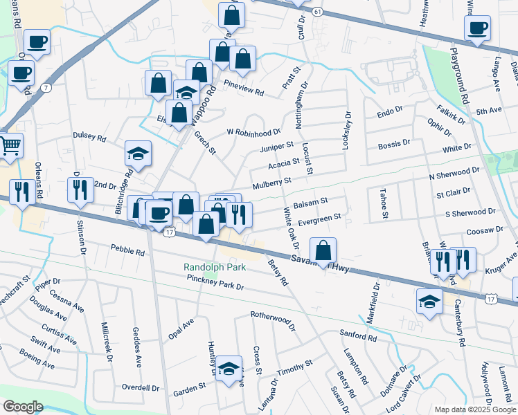 map of restaurants, bars, coffee shops, grocery stores, and more near 715 Yew Street in Charleston