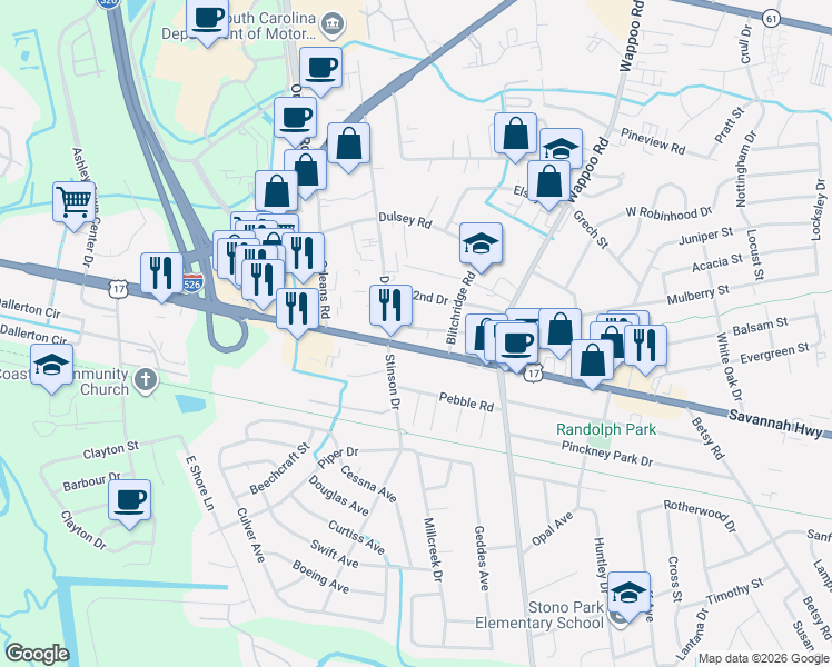 map of restaurants, bars, coffee shops, grocery stores, and more near 1843 Savannah Highway in Charleston