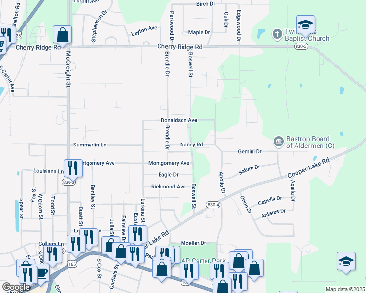 map of restaurants, bars, coffee shops, grocery stores, and more near 1776 Montgomery Avenue in Bastrop