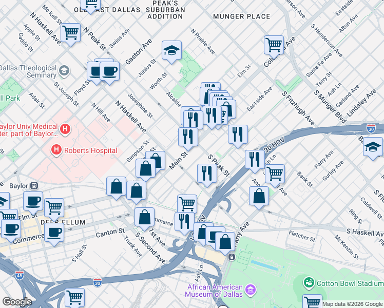 map of restaurants, bars, coffee shops, grocery stores, and more near 4117 Eastside Avenue in Dallas