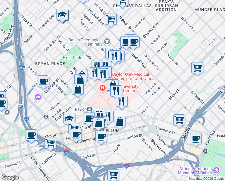 map of restaurants, bars, coffee shops, grocery stores, and more near 3409 Worth Street in Dallas