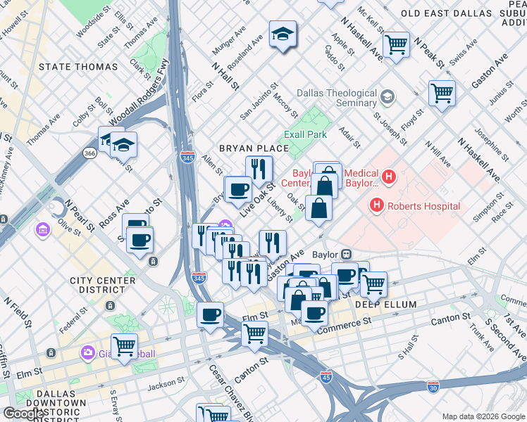 map of restaurants, bars, coffee shops, grocery stores, and more near Texas Street in Dallas