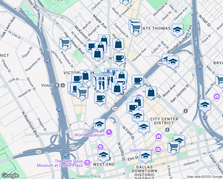 map of restaurants, bars, coffee shops, grocery stores, and more near 1708 Cedar Springs Road in Dallas
