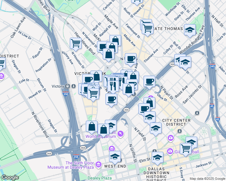 map of restaurants, bars, coffee shops, grocery stores, and more near 20 North Field Street in Dallas