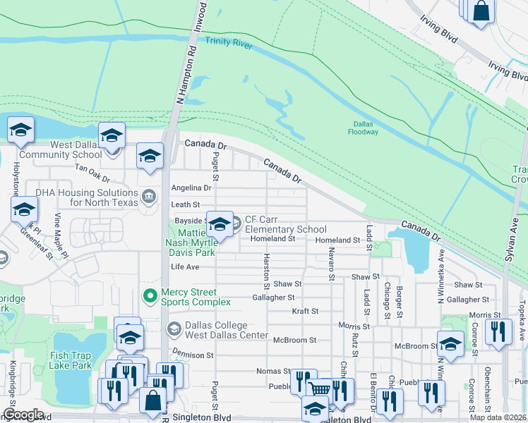 map of restaurants, bars, coffee shops, grocery stores, and more near 1902 Bayside Street in Dallas