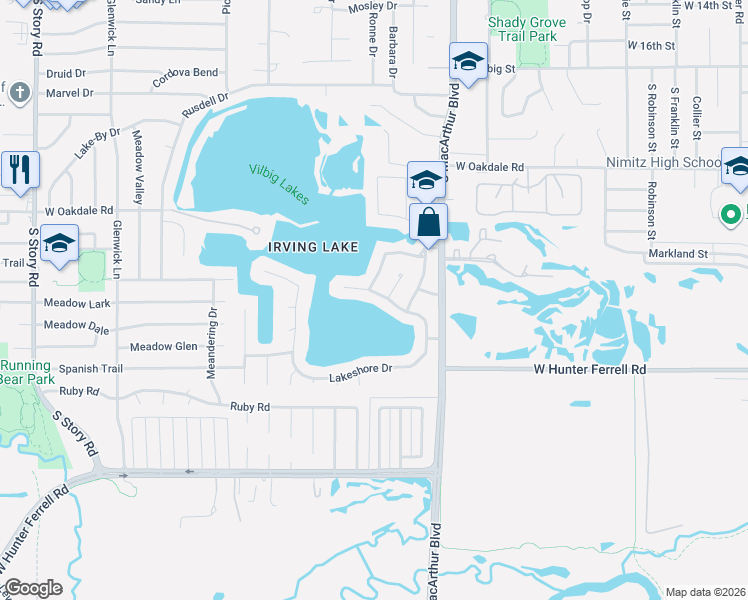 map of restaurants, bars, coffee shops, grocery stores, and more near 2000 South Macarthur Boulevard in Irving