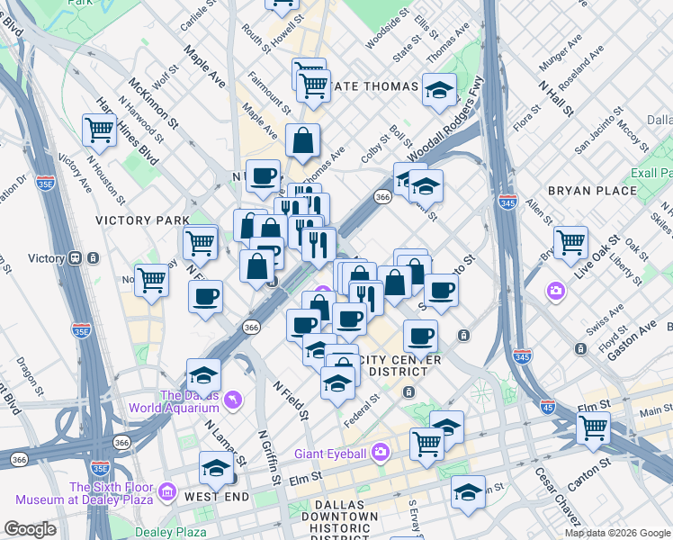 map of restaurants, bars, coffee shops, grocery stores, and more near 1918 Olive Street in Dallas