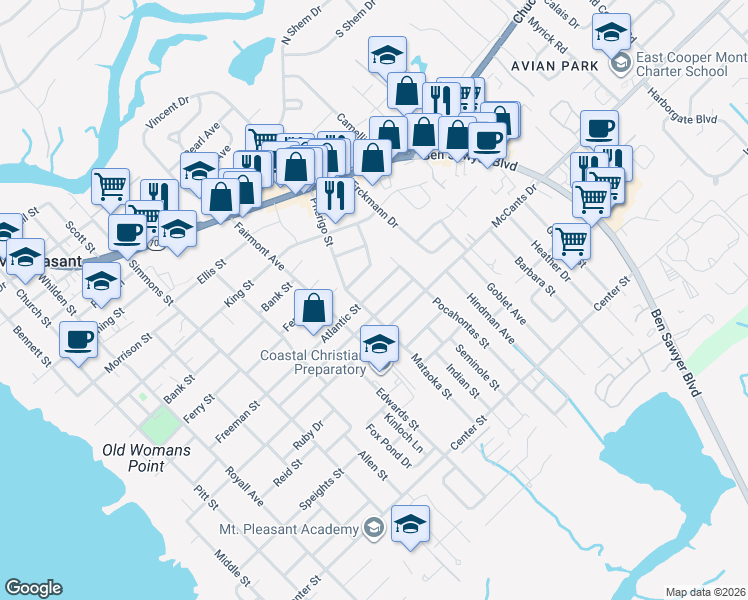 map of restaurants, bars, coffee shops, grocery stores, and more near 724 McCants Drive in Mount Pleasant
