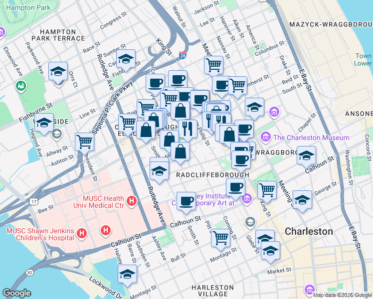 map of restaurants, bars, coffee shops, grocery stores, and more near 21 Corinne Street in Charleston