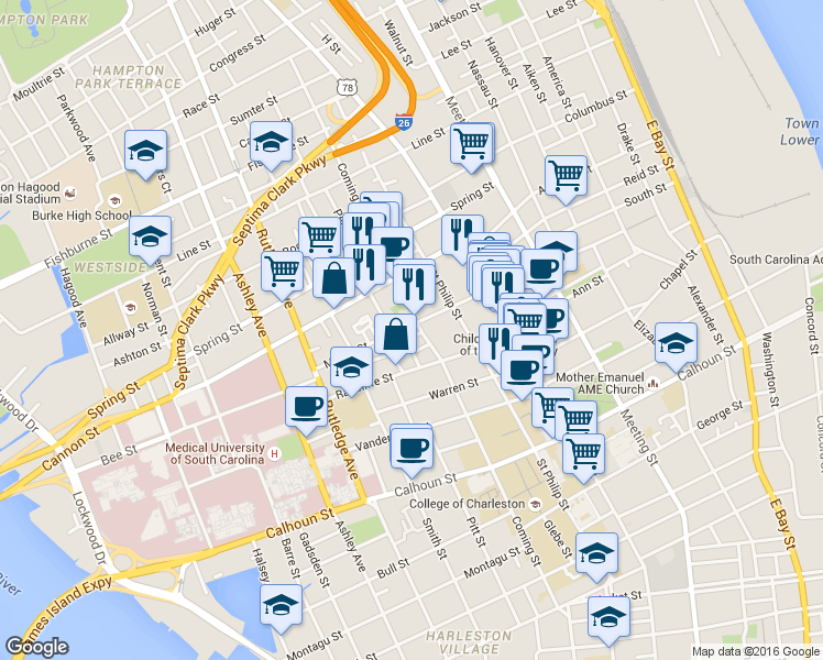 map of restaurants, bars, coffee shops, grocery stores, and more near 9 Radcliffe Place in Charleston
