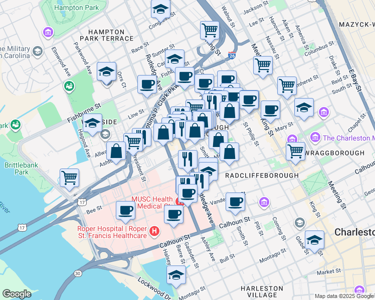 map of restaurants, bars, coffee shops, grocery stores, and more near in Charleston
