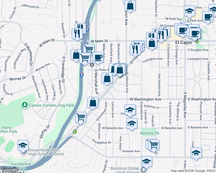 map of restaurants, bars, coffee shops, grocery stores, and more near 640 El Cajon Boulevard in El Cajon