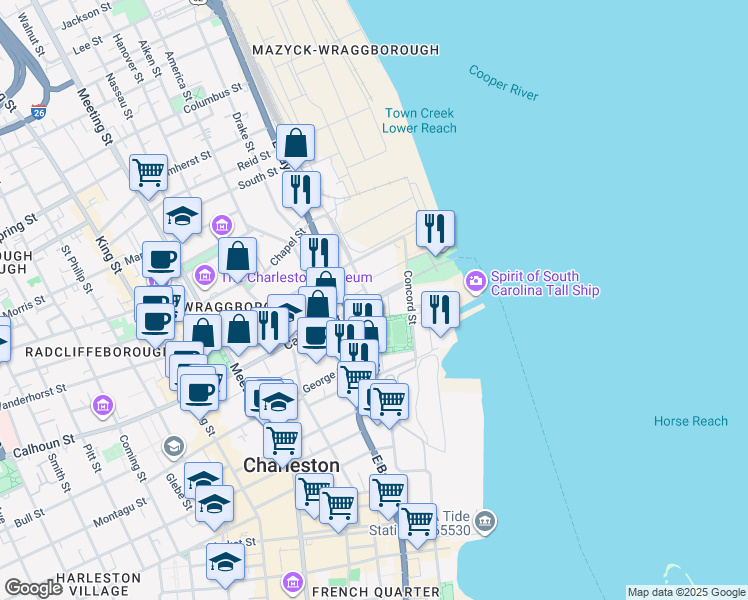 map of restaurants, bars, coffee shops, grocery stores, and more near 1 Calhoun Street in Charleston
